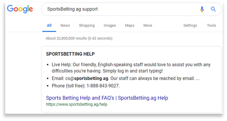 Googled Sportsbetting.ag Support