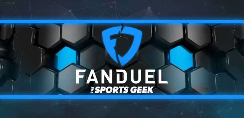 Fanduel Logo and The Sports Geek Logo Against a Black and Blue Geometric Background