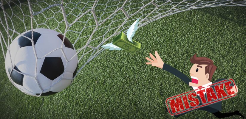 Soccer Ball, Net and Goal - Man Chasing Flying Money - Mistake Stamp