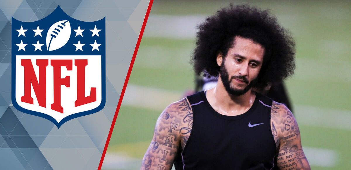 Football Player Colin Kaepernick Looking Down - NFL Logo