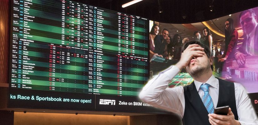 Sportsbook Odds Board With a TV Screen - Guy Looking Upset and Covering His Eyes