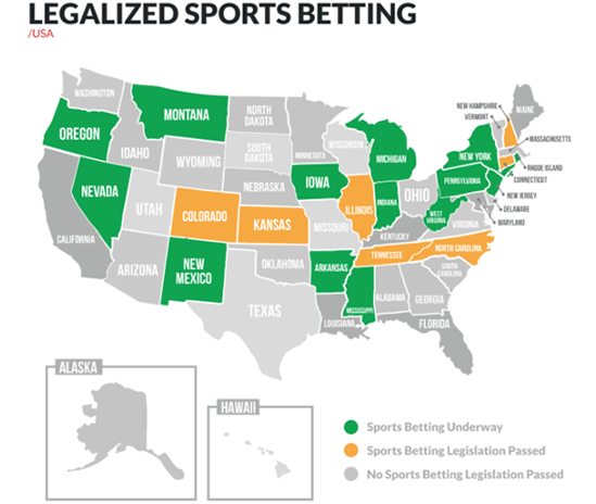 Map of the United States Showing the States Where Sports Betting is Legalized