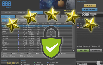 888Poker Website Screenshot - 5 Gold Stars and a Shield Secure Padlock