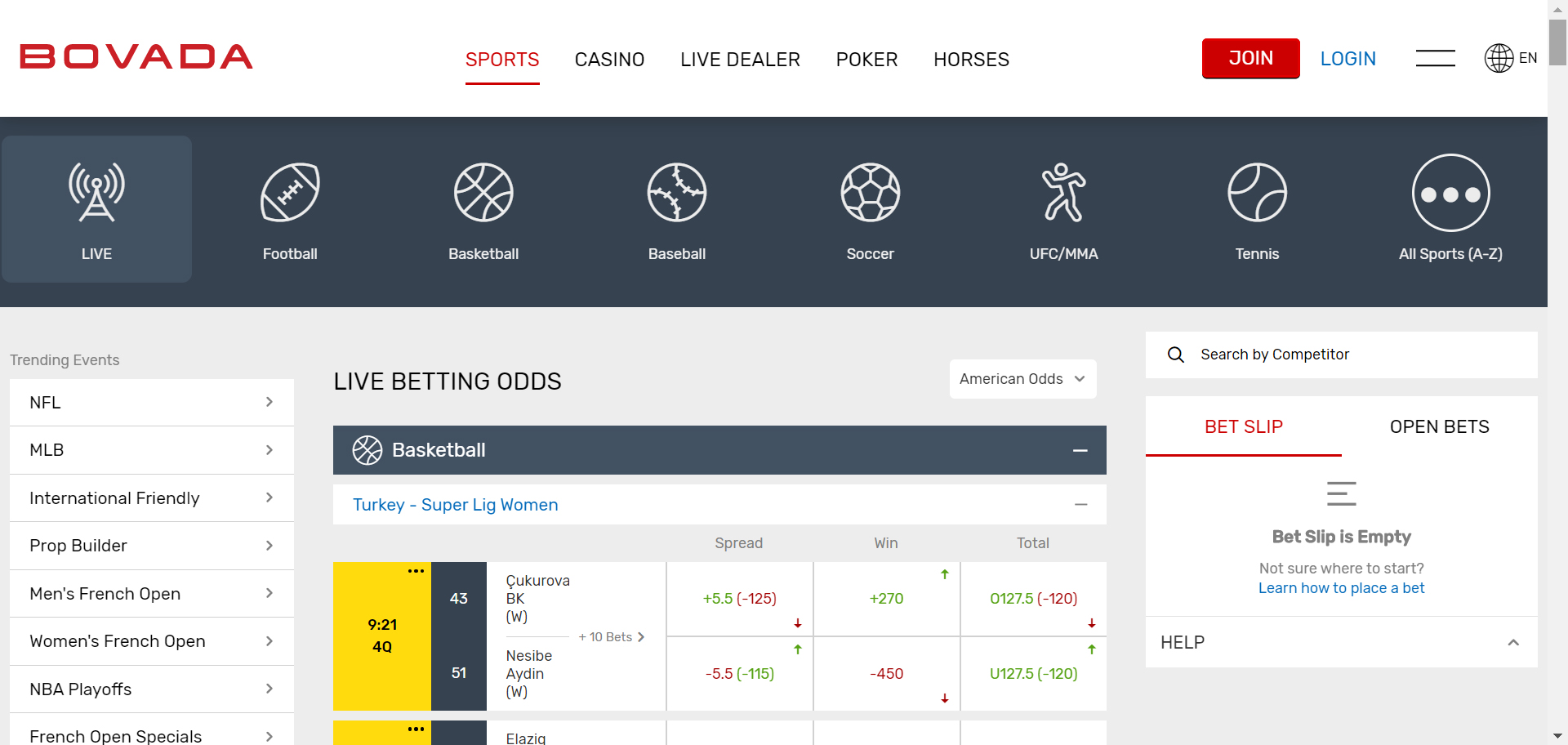 Live Betting Section at Bovada Sportsbook Screenshot