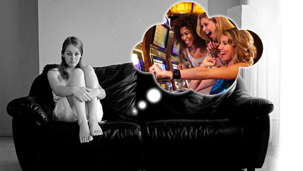 Lonely Girl Sitting on Couch Thinking Bubble with Girls Laughing at Casino