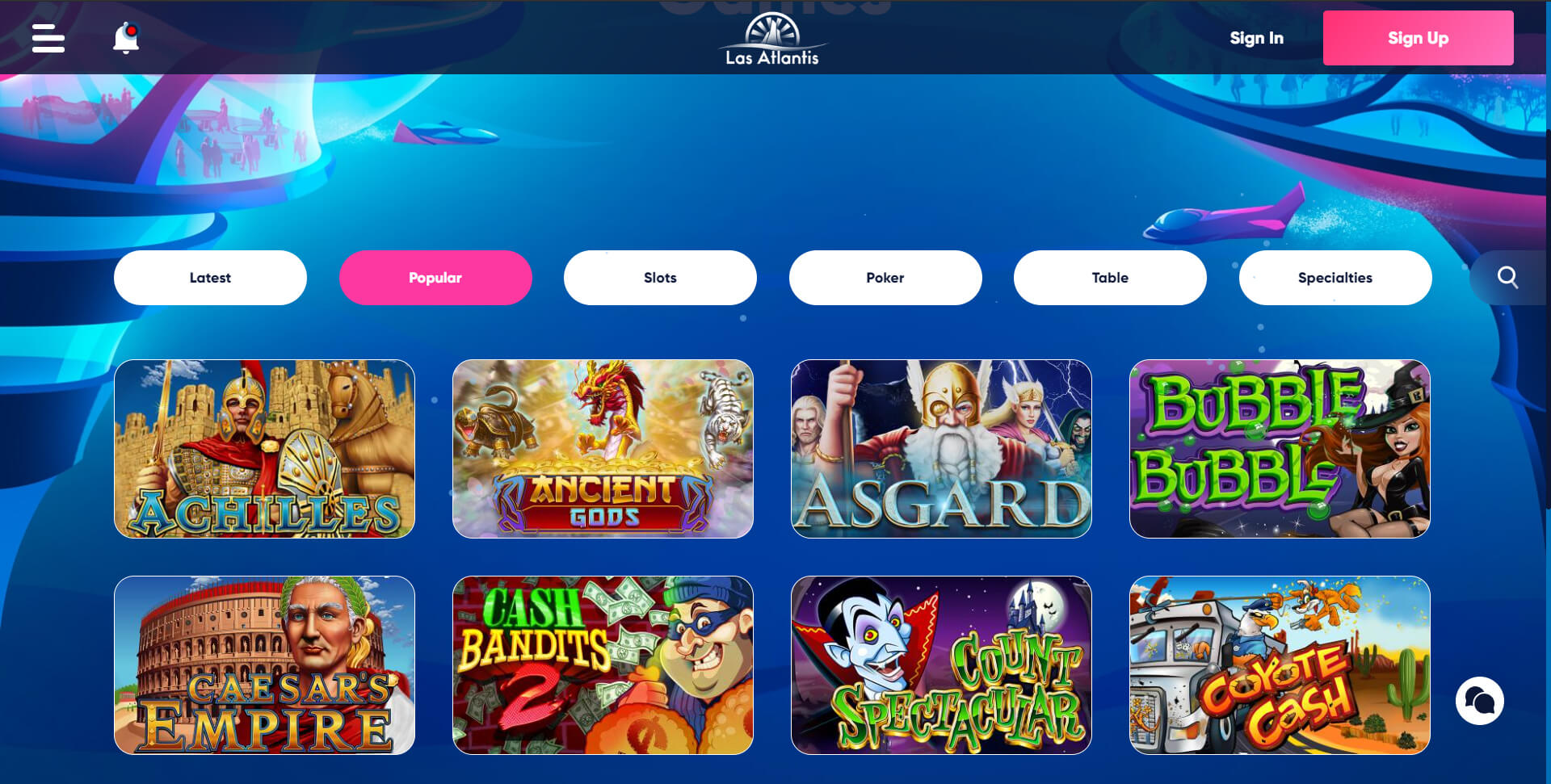 Popular Games Section at Las Atlantis Casino Screenshot