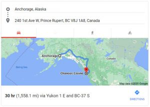 Map Showing Distance of Over 1,500 Miles From Anchorage, Alaska to Nearest Casino