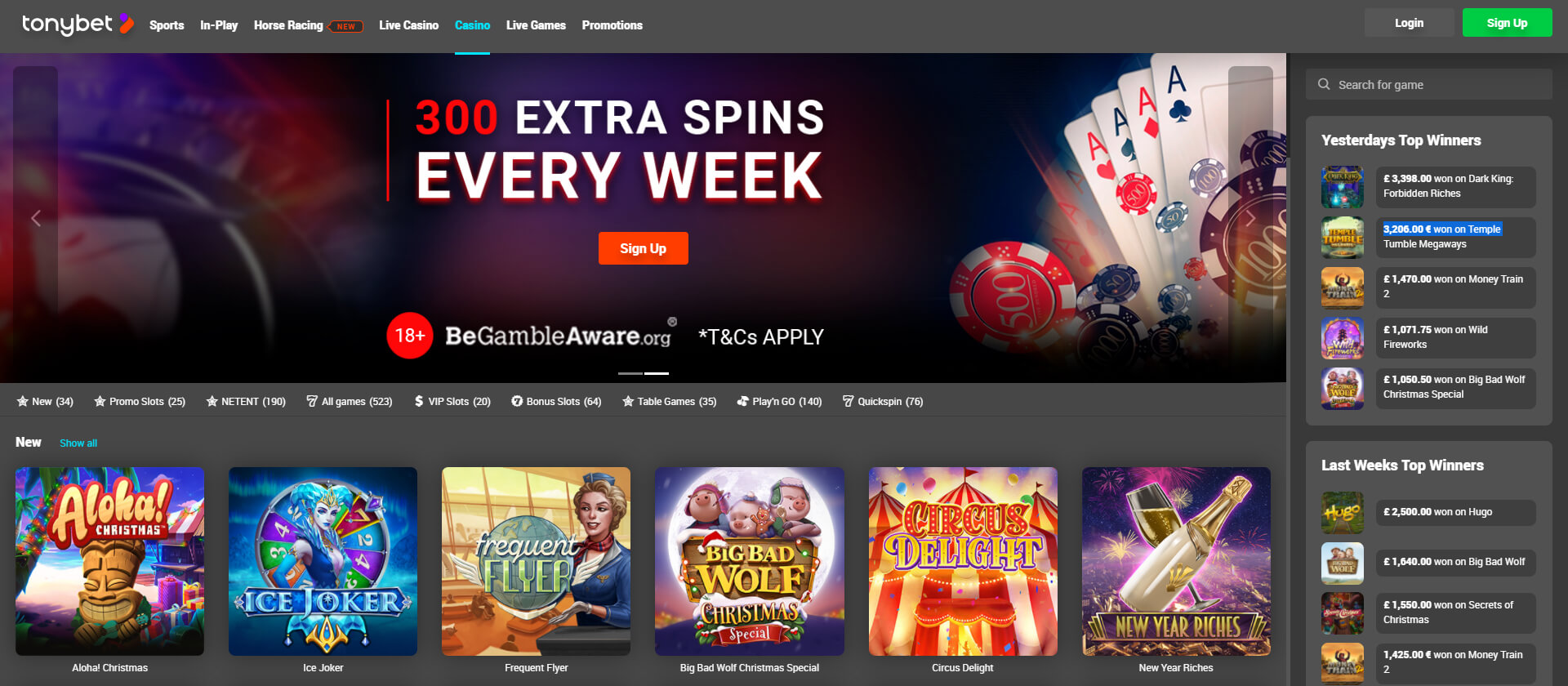 Main TonyBet Casino Page Screenshot