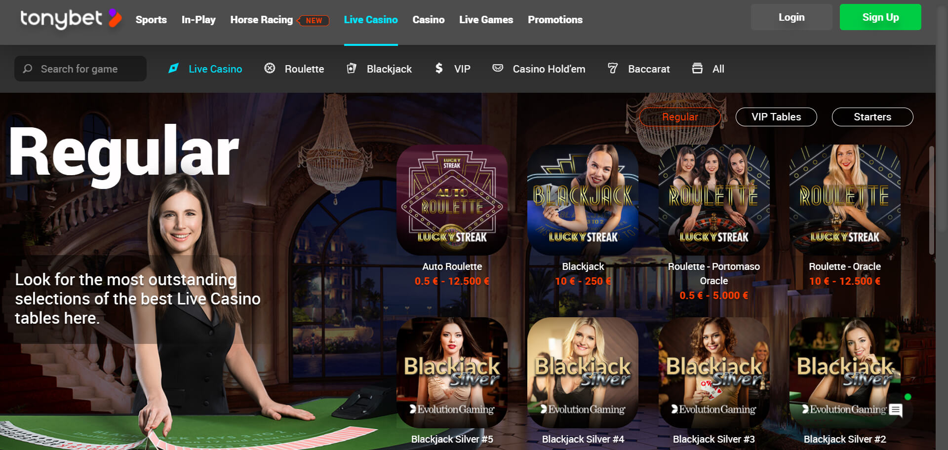 Main TonyBet Live Casino Page Screenshot