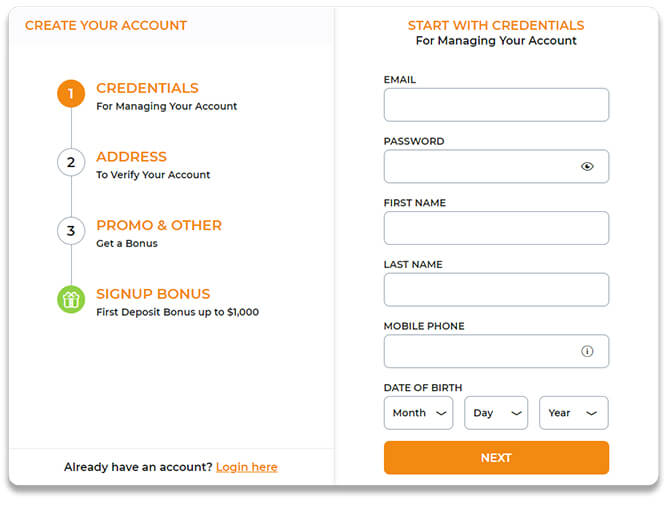 MyBookie Create Your Account Box