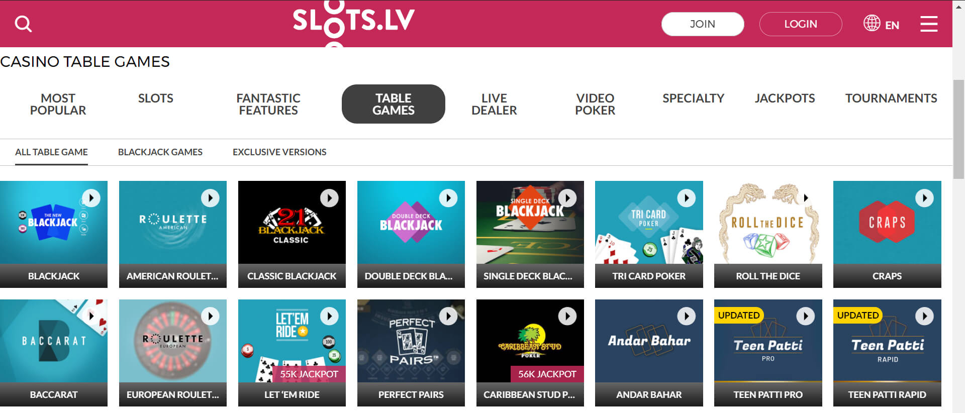 Slots.lv Table Games Section Screenshot