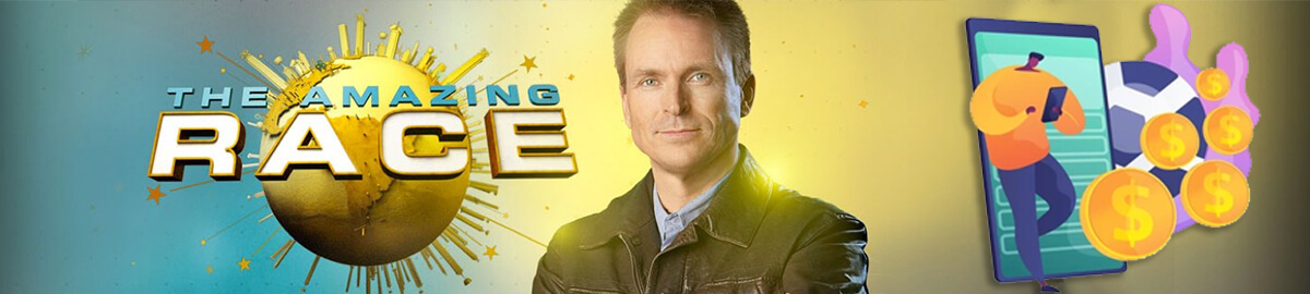 The Amazing Race Banner - Man Holding Mobile and Coins Cartoon