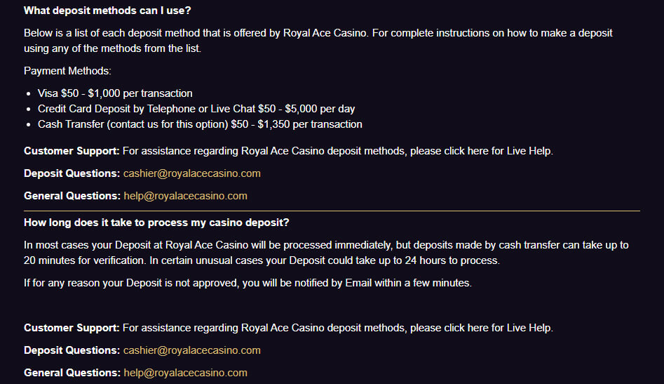 Royal Ace Casino Banking FAQ