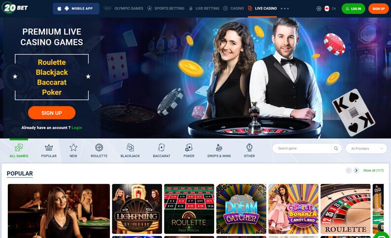 20Bet Live Casino Hub Screenshot