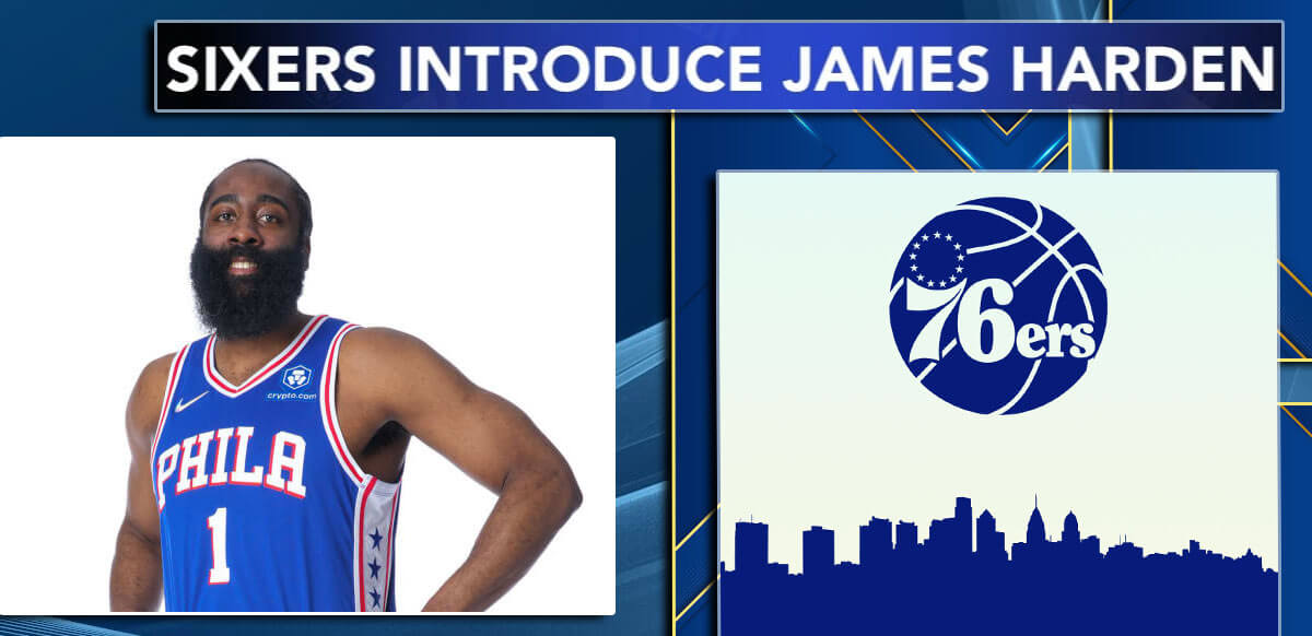 Sixers Introduce James Harden Blue Background