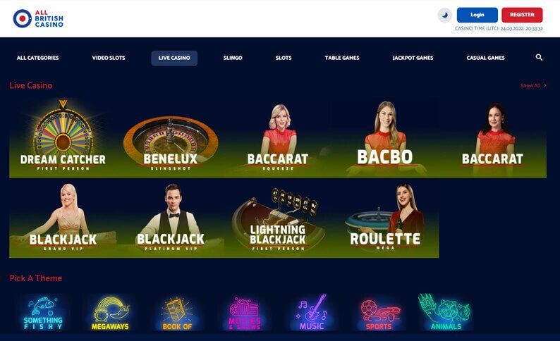All British Casino Homepage Live Casino Section Screenshot