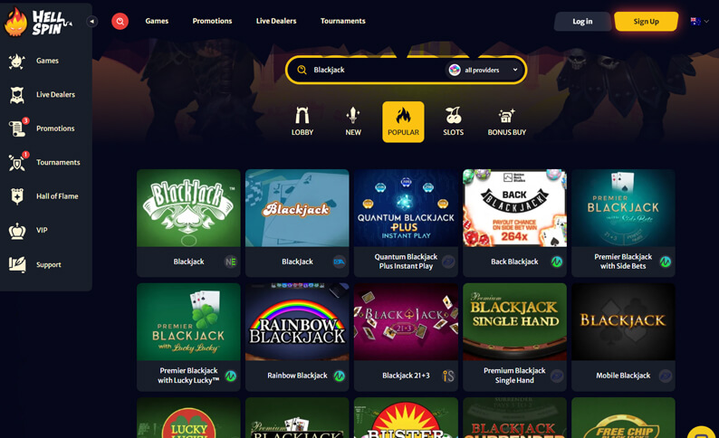 HellSpin Casino Blackjack Game Search Screenshot