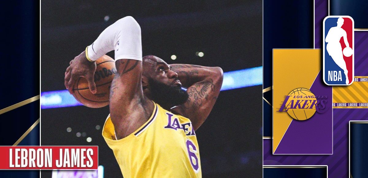 Lebron James With Lakers And NBA Logo Gold Background