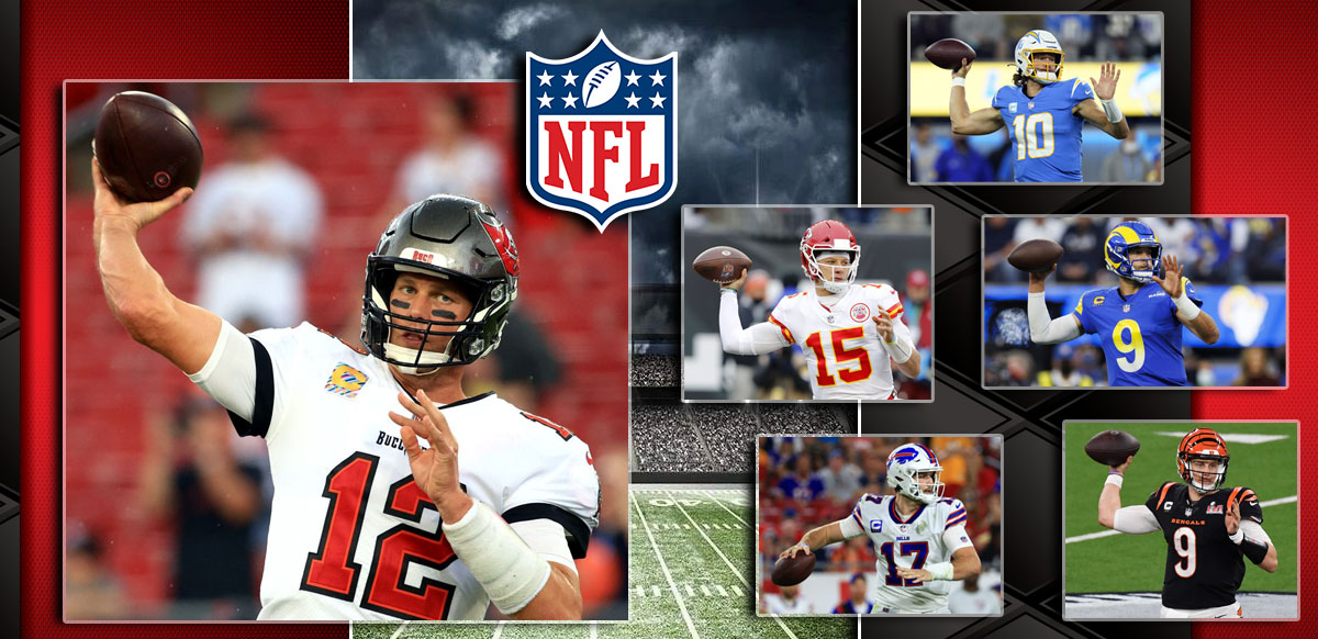Brady Herbert Mahomes Stafford Burrow And Allen With NFL Background