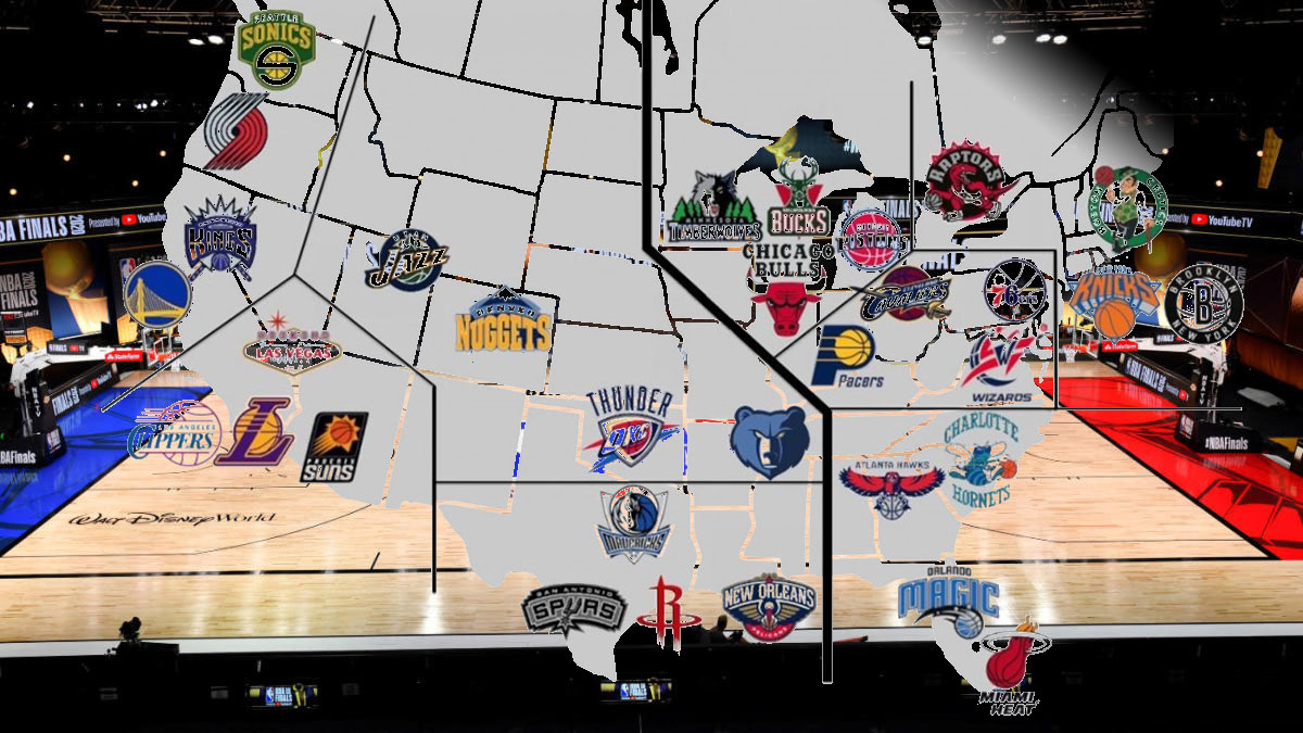 Lapangan Basket Dengan Peta Amerika Serikat yang Menunjukkan Garis Divisi NBA dan Logo Tim