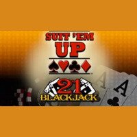 21 Blackjack Suit 'Em Up game tile with an orange background, playing cards, and betting chips.