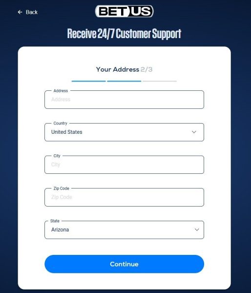 Screenshot of BetUS sign up form.