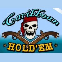 Caribbean Hold'em game tile featuring a pirate skull and crossbones on a blue background.