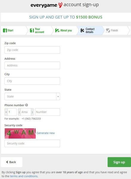 Screenshot of Everygame registration form.
