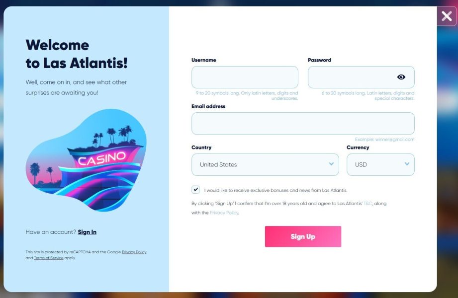 Screenshot of Las Altantis registration form.