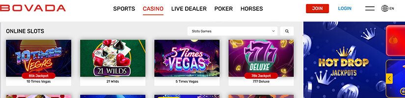Screenshot of Bovada website screenshot showing casino game titles