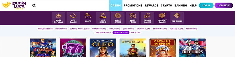 Screenshot of DuckyLuck website showing casino game titles