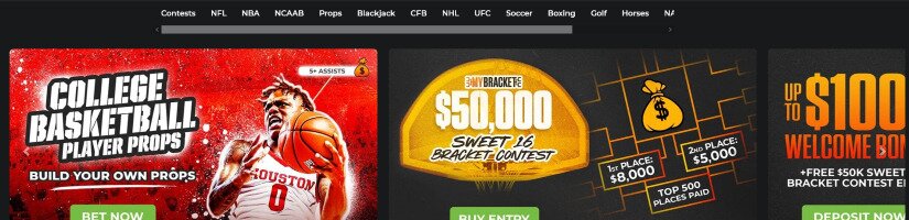 Screenshot of MyBookie website showing sports contest promos