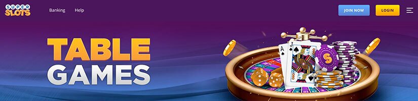 Screenshot of the Super Slots website displaying a banner for table games.