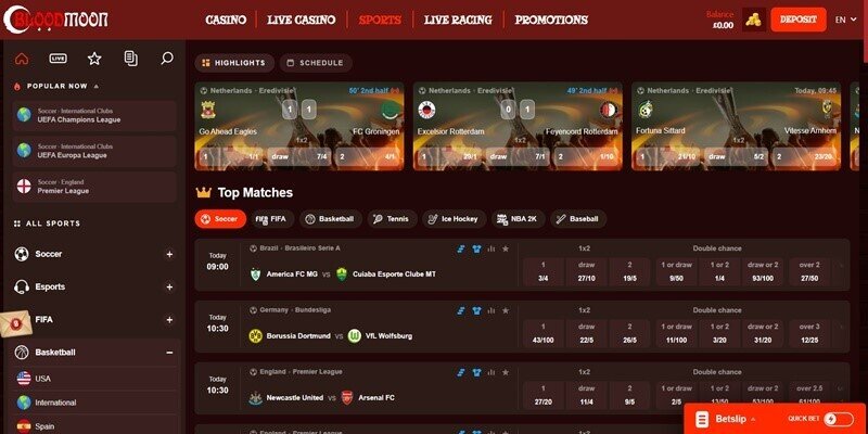 A screenshot of Blood Moon Casino's sportsbook