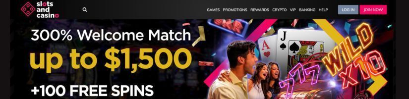 Screenshot of SlotsandCasino website showing welcome bonus offer