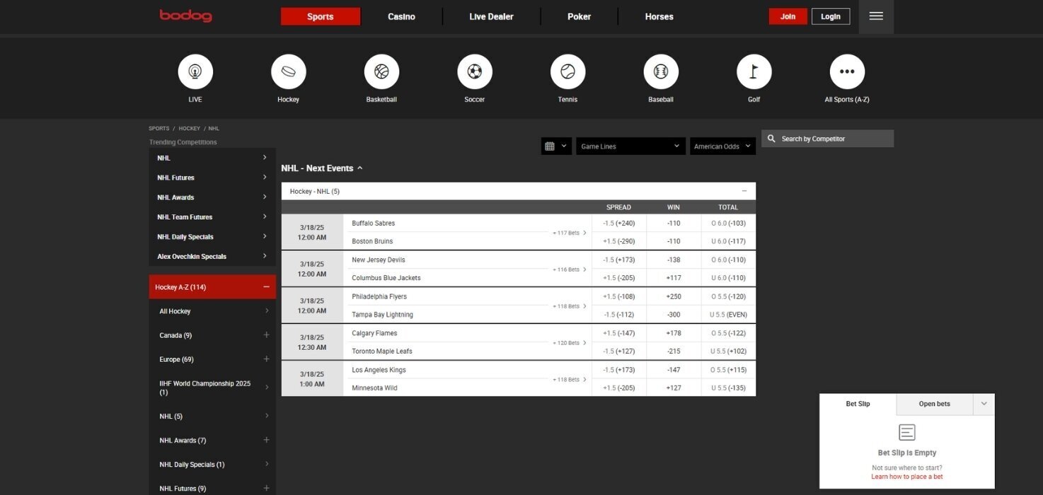 Bodog sportsbook interface
