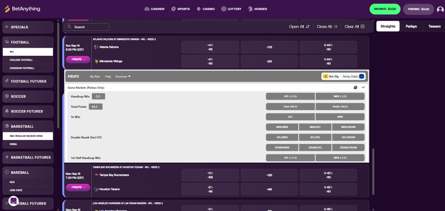 BetAnything NFL prop bets.