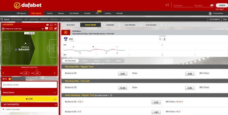 Dafabet live bets interface