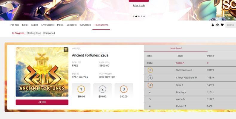 Ruby Fortune tournament interface
