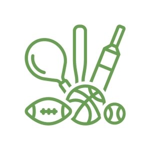 Green sports icon showing outline of balls and bats from different different sports.