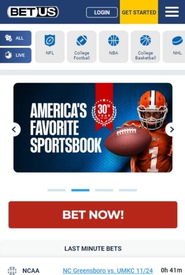 Screenshot showing BetUS mobile interface.