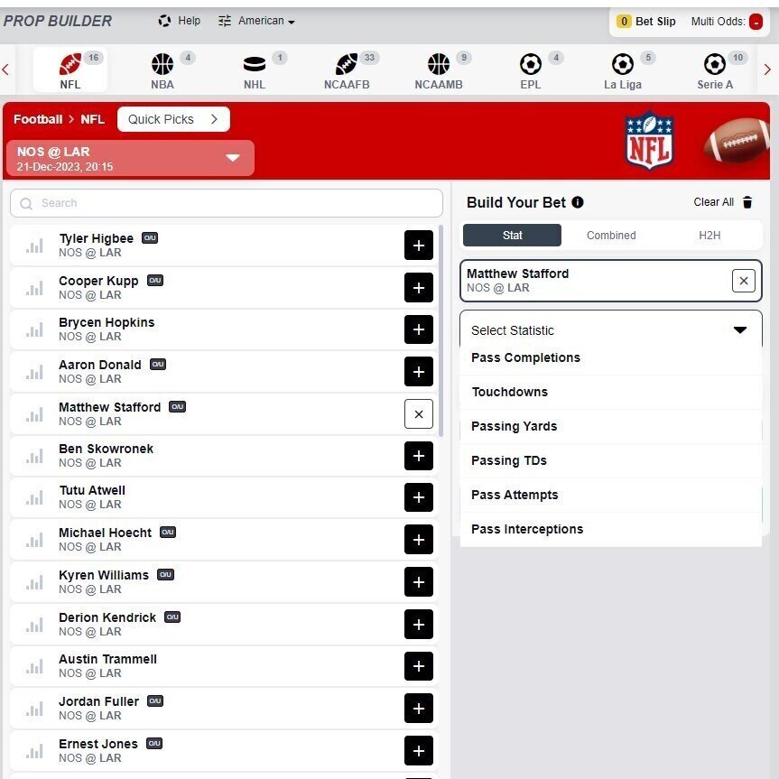 Player prop bet options at Bovada.