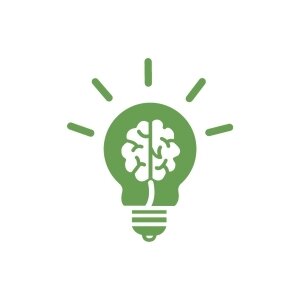 Green expert tip icon showing a brain inside a light bulb.