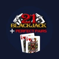 21 Blackjack + Perfect Pairs game tile featuring a black background and two playing cards.