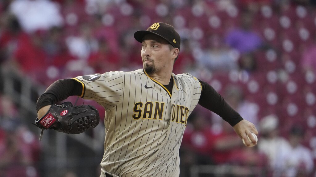San Diego Padres starting pitcher Blake Snell throws during the first inning of a baseball game against the St. Louis Cardinals Monday, Aug. 28, 2023.