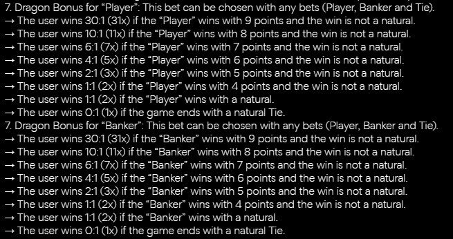 Pay table showing the returns of a Dragon Bonus in baccarat, based on bets for both