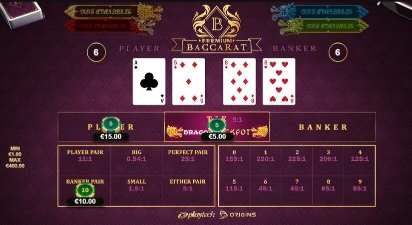 In-game Baccarat screenshot showing selection of side bets and playing cards on a purple tabletop surface.