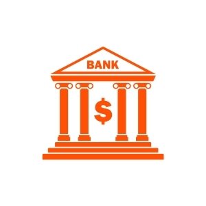 Orange banking icon showing a bank building and dollar sign.