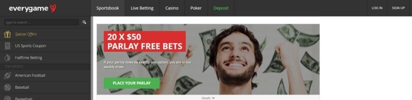 Screenshot of Everygame website showing parlay promotion offer.