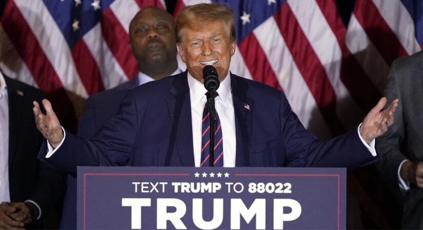 Photo of Donald Trump celebrating winning the New Hampshire Republican Primary, one of many political betting events associated with the US Presidential election.